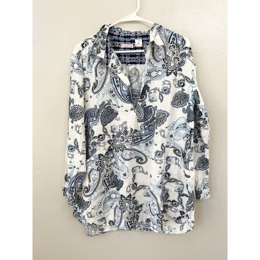 Tizzie Button Up Shirt Womens Size M Linen Blend Paisley Coastal Tunic Boho Top